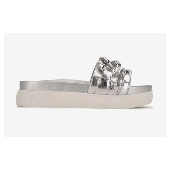 Nine West Nope 3 Chain Strappy Platform Silver Metallic Sandals Size 7.5 - Picture 1 of 6